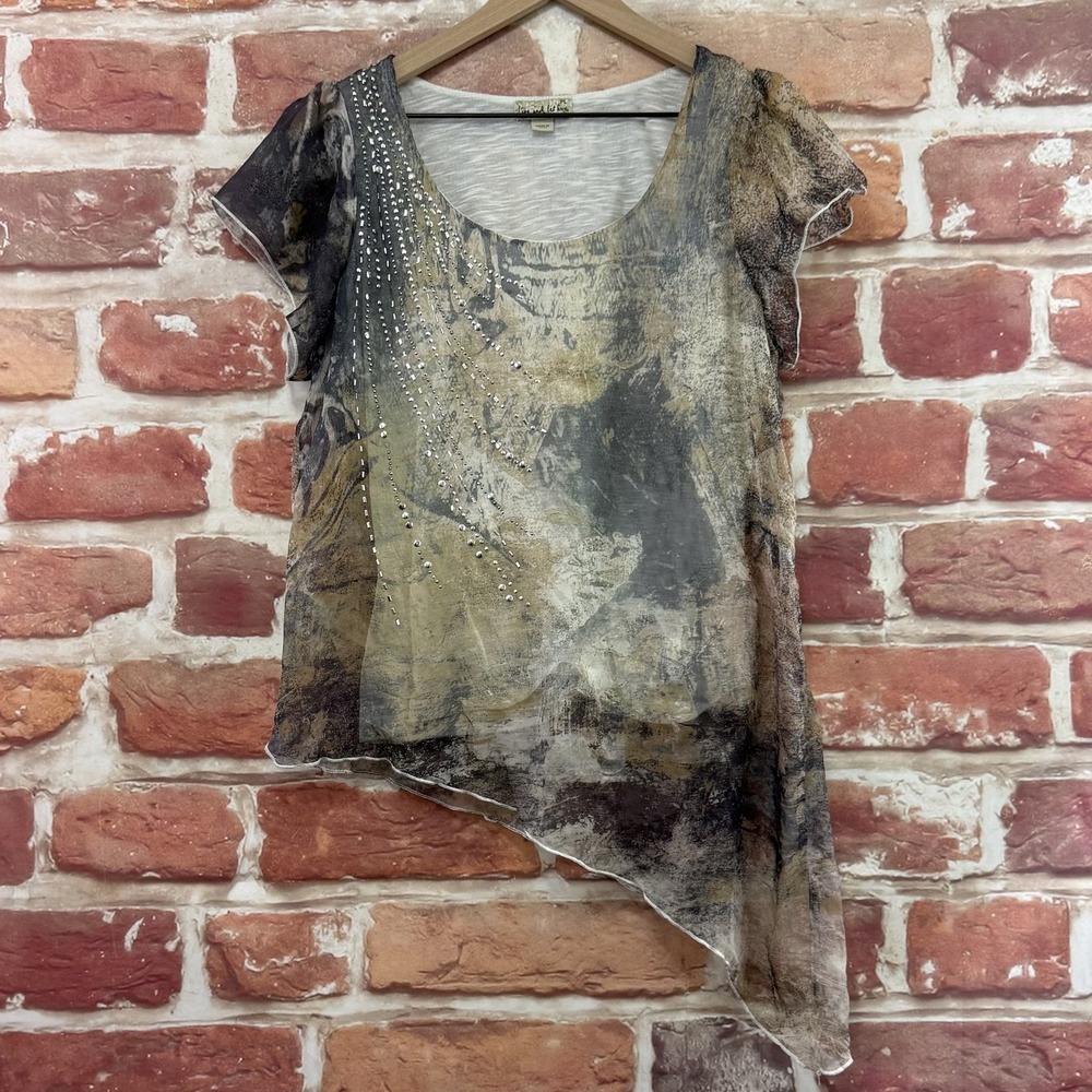 One World Live And Let Live Top Women's LP Boho Abstract Sheer Asymmetric Shirt